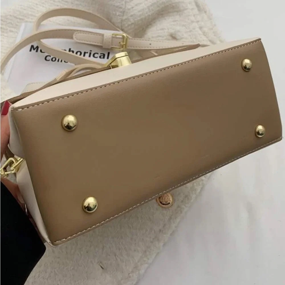 Cream Beige Two Tone Bag with Strap and Gold Clasp - Picture 4 of 7